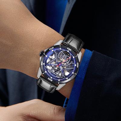 Relojes mecánicos tourbillon luminosos únicos con logotipo personalizado correa de cuero genuino relojes mecánicos automáticos impermeables para hombres