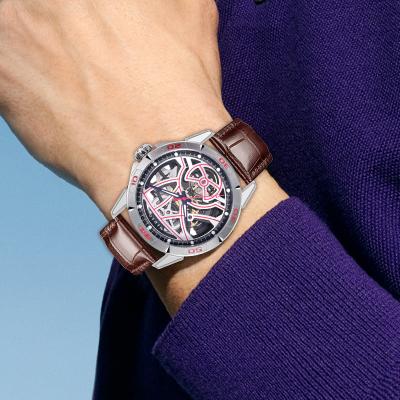 Relojes mecánicos tourbillon luminosos únicos con logotipo personalizado correa de cuero genuino relojes mecánicos automáticos impermeables para hombres