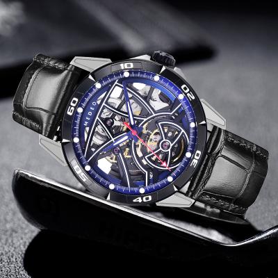 Relojes mecánicos tourbillon luminosos únicos con logotipo personalizado correa de cuero genuino relojes mecánicos automáticos impermeables para hombres